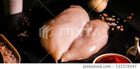 Raw meat chicken breast with thyme herbs and whole pepper on black backdrop 133378547