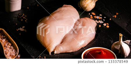 Raw meat chicken breast with thyme herbs and whole pepper on black backdrop 133378549