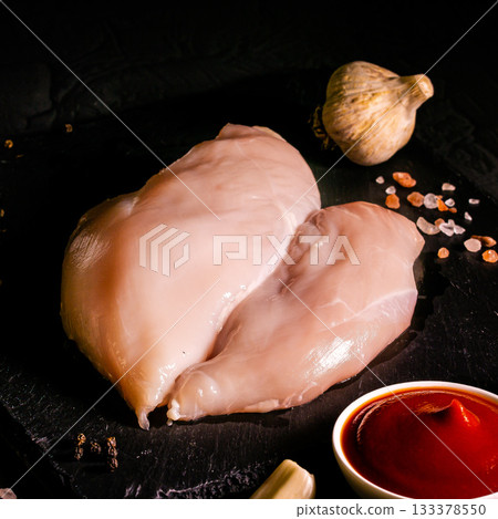 Raw meat chicken breast with thyme herbs and whole pepper on black backdrop 133378550