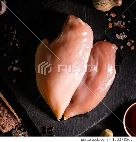 Raw meat chicken breast with thyme herbs and whole pepper on black backdrop 133378563