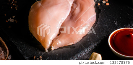 Fresh raw chicken breast fillet, organic meat. Black background. Top view 133378576