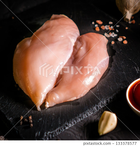 Fresh raw chicken breast fillet, organic meat. Black background. Top view 133378577