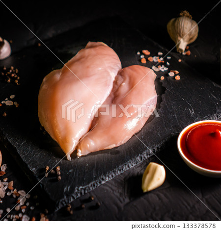 Fresh raw chicken breast fillet, organic meat. Black background. Top view Fresh raw chicken breast fillet, organic meat. Black background. Top view 133378578