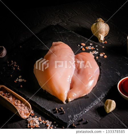 Raw organic chicken breast on a dark slate, stone, concrete or metal background.Top view with copy space. Raw organic chicken breast on a dark slate, stone, concrete or metal background.Top view with copy space. 133378585