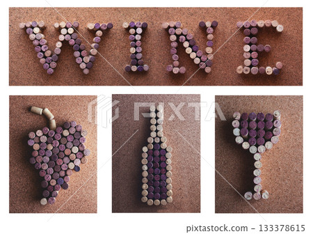 collage of wine corks, bottle, grapes, glass, word wine. 133378615