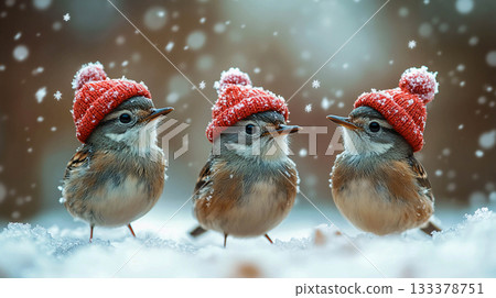 Cute winter birds in red knitted hats with white ones, sitting on the snow during a snowfall on a blurry winter background. With space at the edges for text placement. 133378751