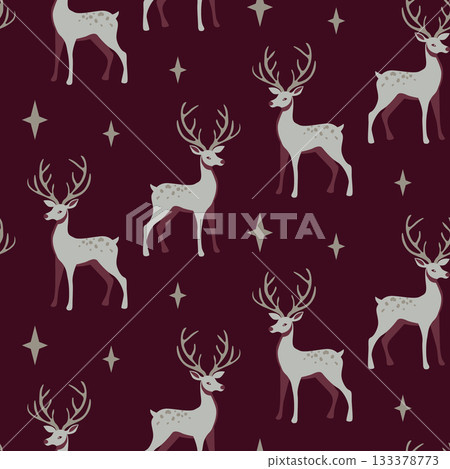 Seamless vector pattern with fawn on burgundy background. Deer woodland illustration for textile, wallpaper or print design. Elegant winter design 133378773