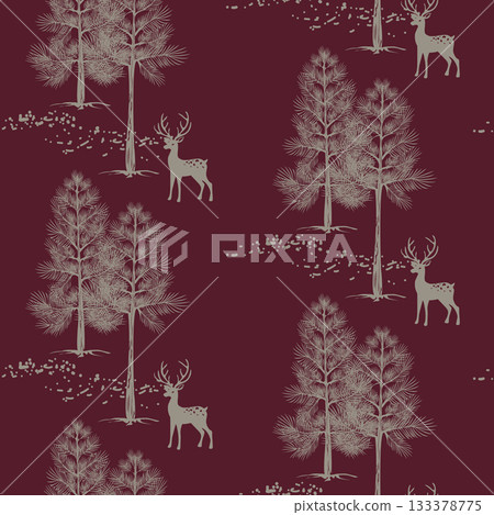 Pine trees and deer in the woods vector seamless pattern. Forest burgundy wallpaper gift wrap background for endless print 133378775