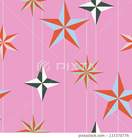 Christmas tree decor stars shaped seamless pattern. Candy pink colors festive thin lines wallpaper, gift wrap texture 133378776