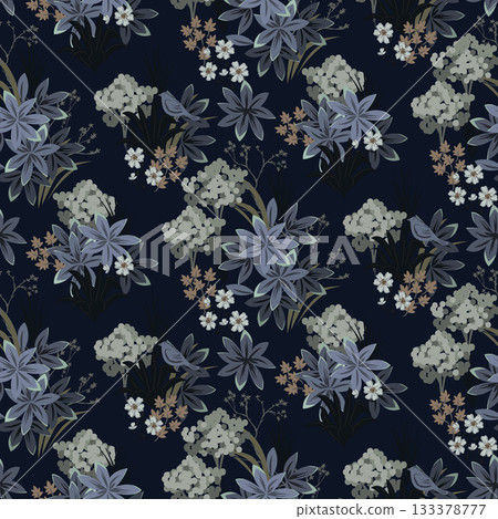 Floral foliage pattern dark blue and green background with garden flowers. Wallpaper backdrop and botanical floral bunches classic style 133378777