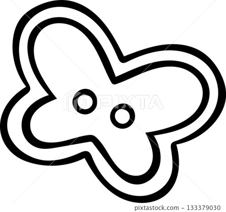 A butterfly-shaped button with stitching holes painted as a simple black and white doodle icon. Sketch style illustration for sewing notions and embroidery supplies collection 133379030