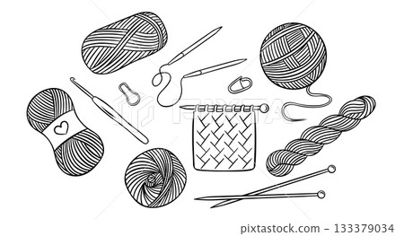 big vector set, needlework, knitting accessories, skeins of yarn, knitting needles, hook, markers, simple black and white icons, doodle and sketch style 133379034