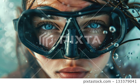 Close-up of a young Caucasian woman with blue eyes wearing a diving mask underwater. Bubbles surround her face, creating a serene aquatic atmosphere 133379041