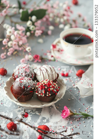 A plate of decorated chocolate truffles sits on a table with a cup of coffee. Surrounding flowers and scattered petals add a touch of elegance 133379052
