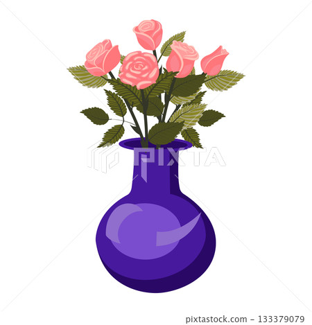 A bouquet of light pink roses in a blue vase. A set of four lush blooms and a bud. Vector illustration on a white background. A bouquet of light pink roses in a blue vase. A set of four lush blooms and a bud. Vector illustration on a white background. 133379079