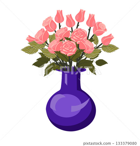 A bouquet of light pink roses in a blue vase. A huge, lush bouquet of flowers and buds. Vector illustration on a white background. A bouquet of light pink roses in a blue vase. A huge, lush bouquet of flowers and buds. Vector illustration on a white background. 133379080