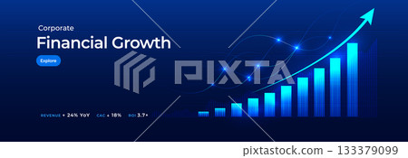 Financial analytics business growth chart digital background, blue rising bars, increase arrow and candlesticks concept for fintech, market trends, predictive investment insights. Vector illustration. Financial analytics business growth chart digital background, blue rising bars, increase arrow and candlesticks concept for fintech, market trends, predictive investment insights. Vector illustration. 133379099