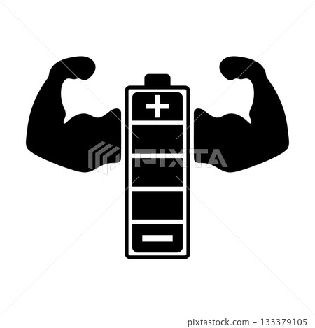 Strong Battery Power Vector Illustration. Ideal for fitness themes, gym branding, sports energy concepts, battery power icons, motivation graphics and technology related projects. 133379105