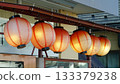Traditional oriental lights hanging in front of a Japanese store 133379238