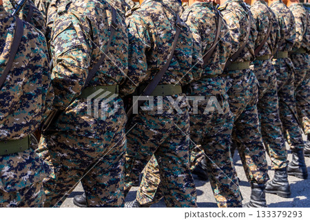 Multiple soldiers marching in formation during military parade, rear view 133379293