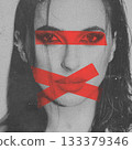Abstract woman portrait with eyes and mouth covered with red duct tape 133379346
