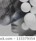 Sensual woman with bubble headpiece and bird wing covering her eyes portrait 133379354