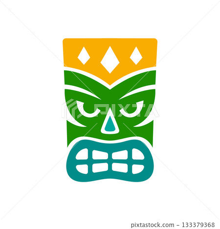 Ornamental tiki mask with crown in bright tribal colors. Polynesian style vector design for festival art, tattoo motifs and cultural decor 133379368