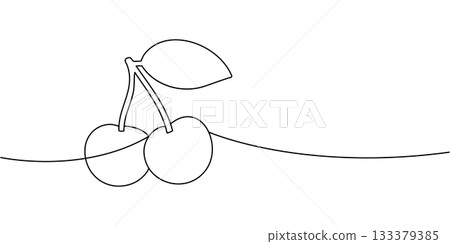 Two cherries with stem and leaf continuous line drawing. Minimal one line vector outline fruit illustration for food and botanical themed projects 133379385