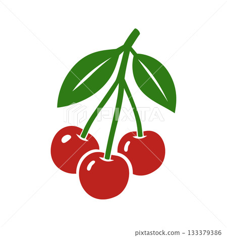 Three cherries with green leaves. Flat vector fruit illustration for summer, food designs, natural themes and decorative projects 133379386