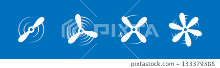 Airplane propellers with motion swirl effect. Vector rotor silhouette for aviation, drone mechanics, and air transport designs 133379388