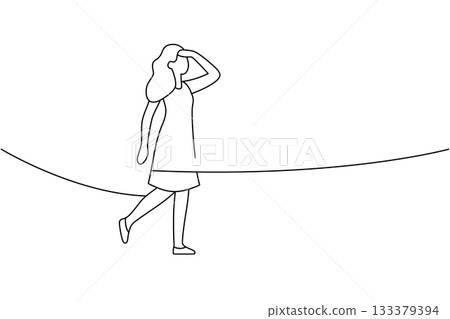 Minimalist contour of a walking woman shading her eyes, looking forward. Simple outline style for exploration and future vision concepts 133379394