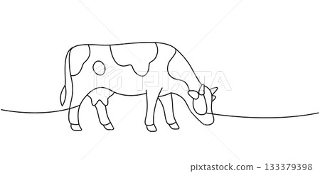 Grazing cow in side view. Stylized linear art in minimal black and white style 133379398
