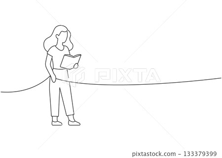 Woman reading book with hand in pocket. Casual standing pose in outline style Woman reading book with hand in pocket. Casual standing pose in outline style 133379399