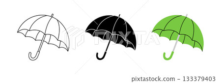 Minimalist linear umbrella icons set in outline, solid black, and green color. Simple vector symbols of rain protection and weather Minimalist linear umbrella icons set in outline, solid black, and green color. Simple vector symbols of rain protection and weather 133379403