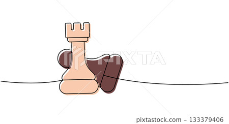 Linear minimalist outline of mixed chess pieces in peach and brown tones leaning on a line, abstract strategic art 133379406