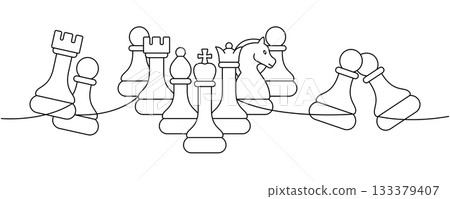 Minimalist continuous line drawing of chess pieces arrangement with rooks, pawns, knight and king in elegant composition Minimalist continuous line drawing of chess pieces arrangement with rooks, pawns, knight and king in elegant composition 133379407