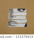 Abstract woman portrait on cut plastic strips on beige grunge background 133379419