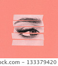 Abstract woman eye on cut plastic strips on pink grunge background 133379420