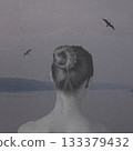 Melancholic woman portrait with water landscape and flying birds 133379432