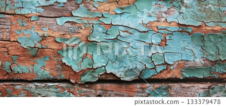 Peeling turquoise paint on rustic wooden surface 133379478
