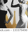 Collage illustration of two women fashion portrait against golden eiffel tower 133379490
