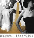 Collage illustration of two women fashion portrait against golden eiffel tower 133379491