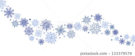 Winter border with light blue snowflakes on white background. Minimal festive garland for Christmas and New Year decoration. Frosty elegant design for greeting card or banner. Flat simple illustration 133379579