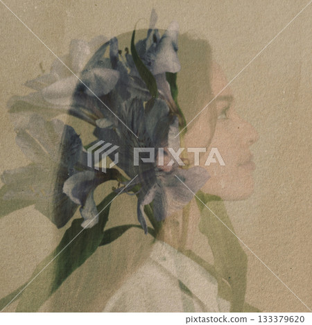 Beautiful woman double exposure with flower portrait Beautiful woman double exposure with flower portrait 133379620