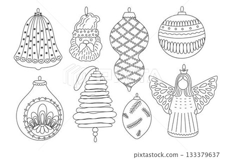 Christmas tree baubles set in different forms festive decor doodle outline hand drawn simple vector illustration for winter holidays seasonal greeting card, invitation, sticker, line art clipart Christmas tree baubles set in different forms festive decor doodle outline hand drawn simple vector illustration for winter holidays seasonal greeting card, invitation, sticker, line art clipart 133379637