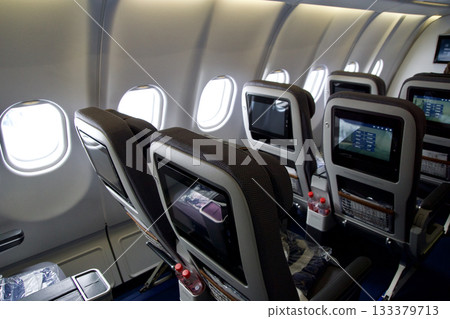 Frankfurt, Germany, June 10, 2019: Passenger View of Inflight Entertainment Screen in Lufthansa Premium Economy 133379713
