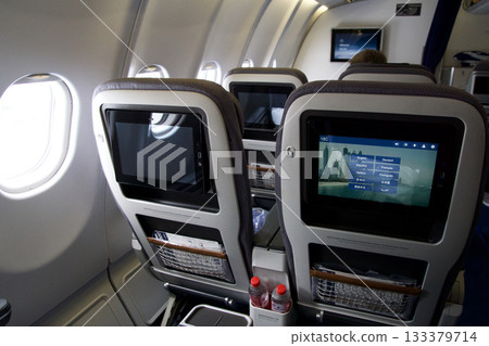 Frankfurt, Germany, June 10, 2019: Passenger View of Inflight Entertainment Screen in Lufthansa Premium Economy Frankfurt, Germany, June 10, 2019: Passenger View of Inflight Entertainment Screen in Lufthansa Premium Economy 133379714