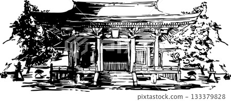 水墨畫風格的神社與樹木插圖 水墨畫風格的神社與樹木插圖 133379828