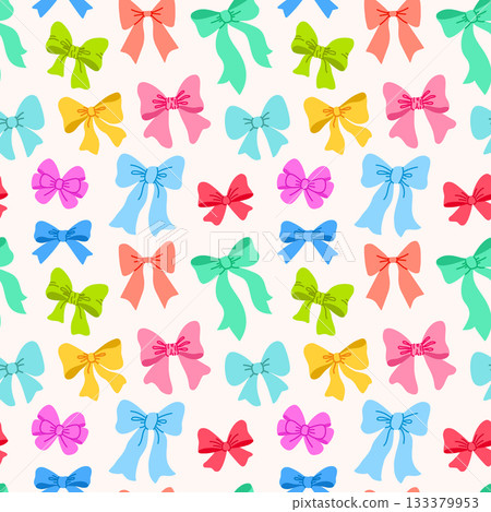 Ribbon bow seamless pattern vector featuring colorful ribbon bows illustrated in flat and sketch style creating a soft playful background. 133379953