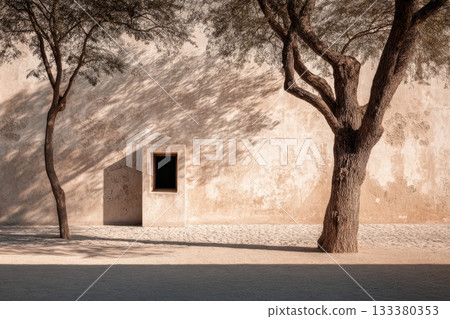 Quiet space beside a textured wall with a single window 133380353
